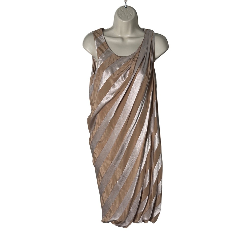 J.Crew Collection Metallic Striped Draped Cocktail Dress Champagne Silver Sz‎ 0